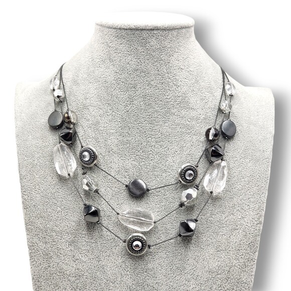 NY Multi Strand Necklace Gunmetal Gray Black Clear Adjustable Length - Picture 2 of 7